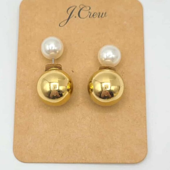 J Crew Reversible Gold Tone Ball Pearl Stud Earrings NWT!  NEW! - Picture 1 of 4